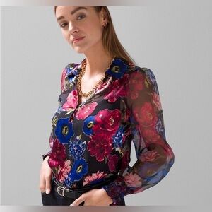 White House Black Market Organza Sleeve Silk Burnout Blouse